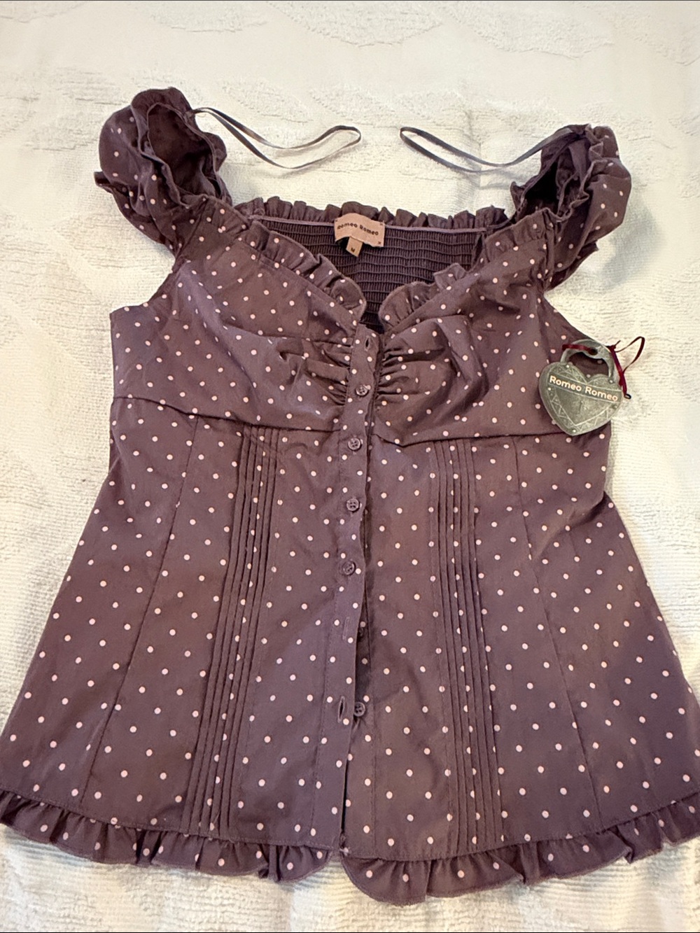 Romeo Romeo Purple Polka-Dot Ruffle Peasant Blouse Sz M